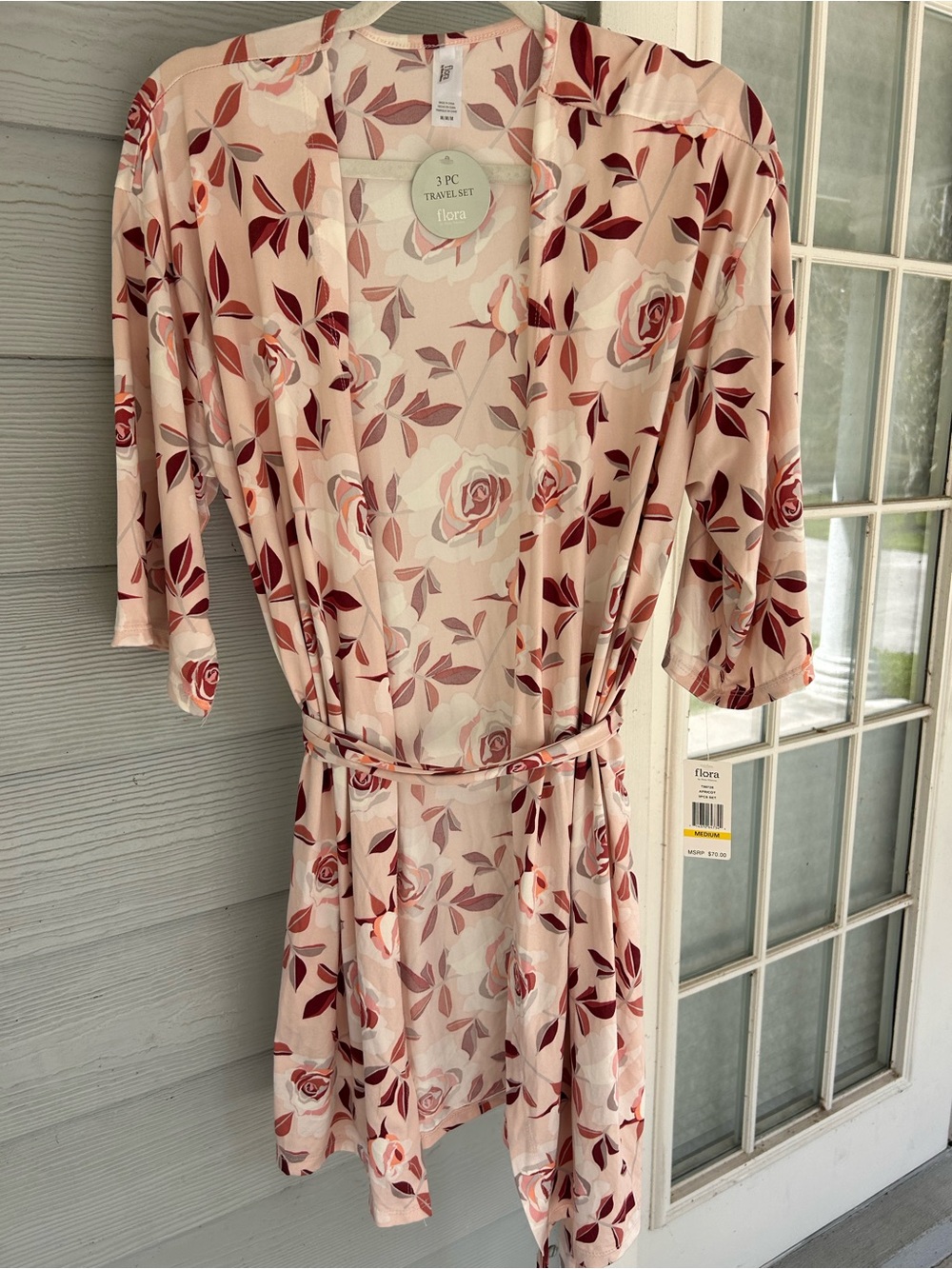Flora by Flora Nikrooz Apricot Floral Robe M 3/4 Sleeve Belted Boho Nightwear